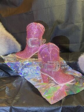 Pink Glitter Rhinestone Buckle Western Booties